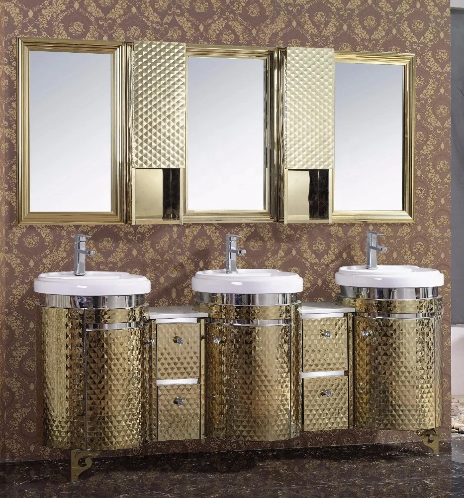 Luxury Golden Floor Standing Mirror Cabinets Single Sink Stainless Steel Bathroom Vanities 5