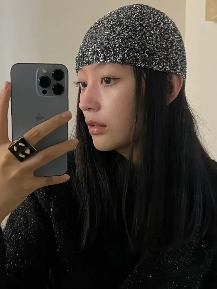 Korean Designer Y2k Shiny Cold Cool Street Sequined Knit Hat