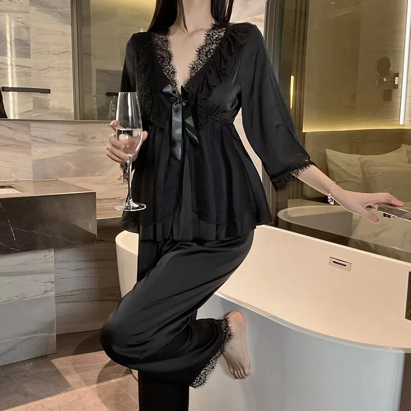 2025 Women's New Lace Lace Satin Home Pajama Set Deep V Sweet Lace Top Pants Two Piece Set Home Clothes Skin friendly Hot Sale