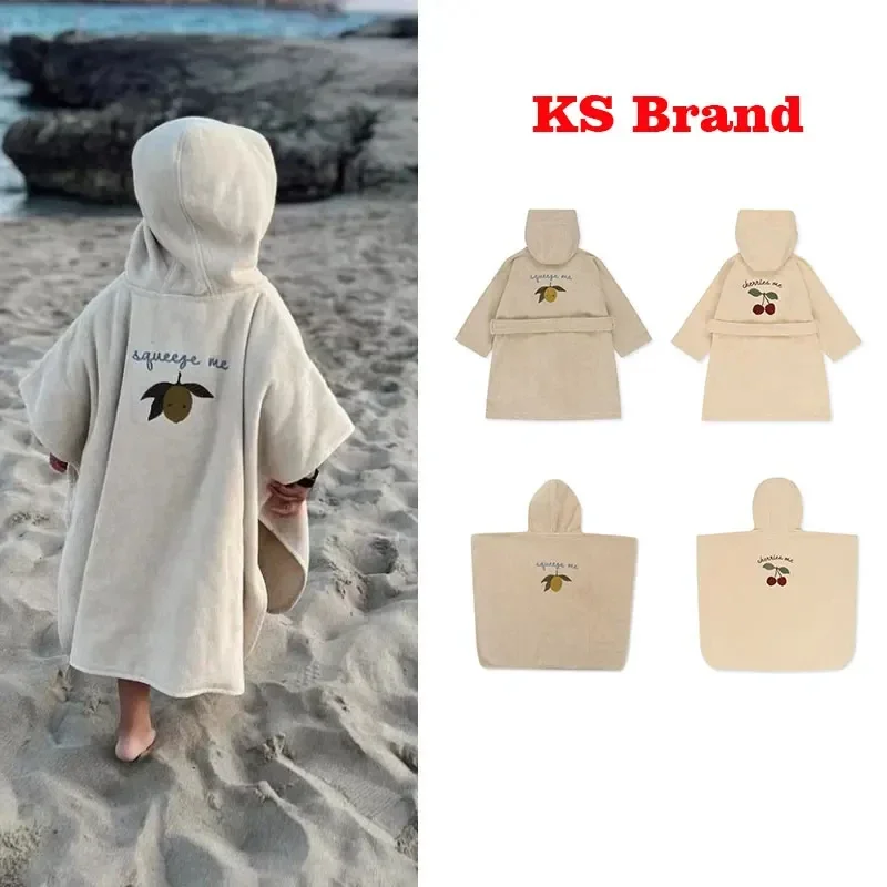 Kids Pajamas KS Baby Boys Flannel Bathrobe Towel Kids Soft Bath Robe Nightgown Girls Cherry Lemon Embroidery Cotton Hooded Bath Towel Pyjamas