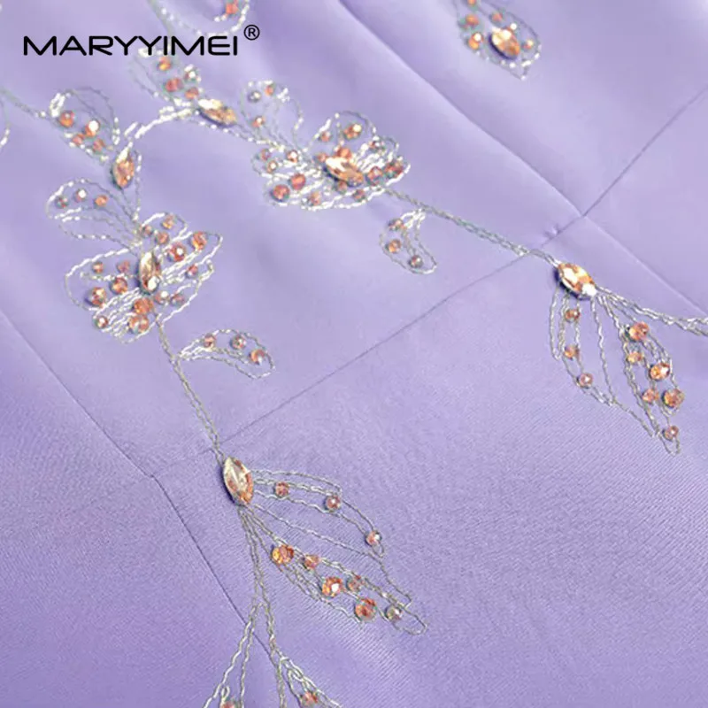 Maryyimei Mode Damen V-Ausschnitt Neun-Punkt-Ärmel Goldfaden Stickerei Nagel perlen geschlossene Taille in Hip Wrap Vintage-Kleid