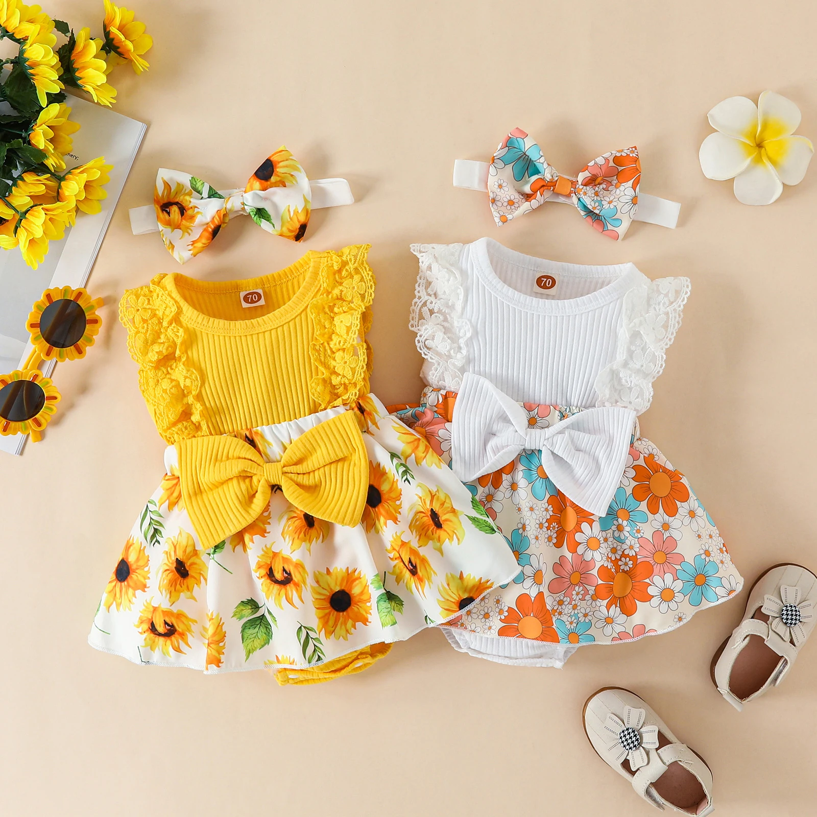 2pcs Infant Baby Girls Romper Dress Patchwork Flower Print Lace Sleeveless/Long Sleeve Crew Neck Front Bowknot Jumpsuit Headband girls dress baby jumpsuit baby girl dress