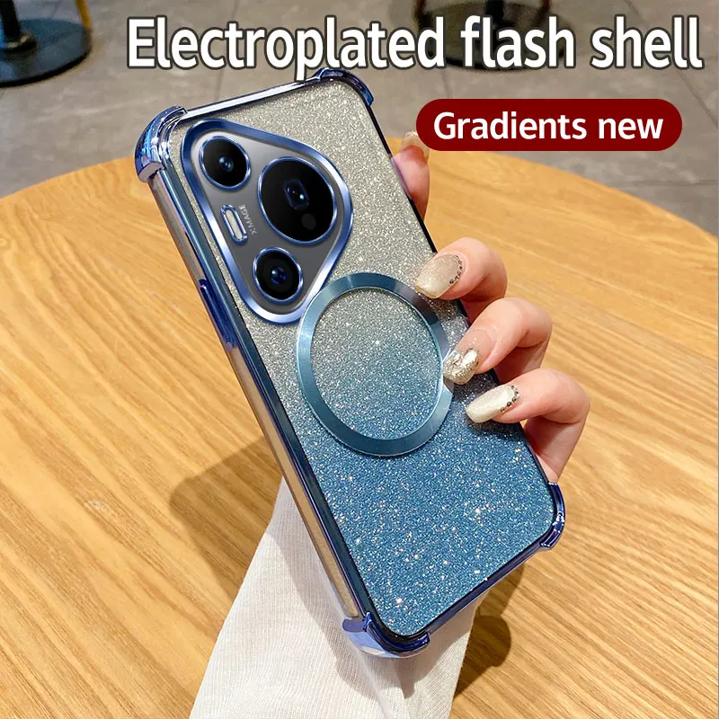 Coque de téléphone à anneau magnétique transparente antichoc pour Huawei Pura 70 Ultra P70 P60 P50 P40 P30 Pro Mate 60 50 40 Pro Plus Glitter Cover_voghion.com
