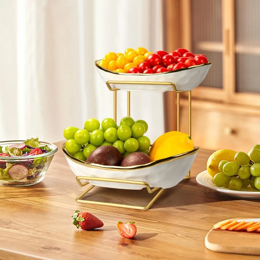 Fruit Bowl for Kitchen Counter 2 Tier Fruit Basket for Counter Ceramic Fruit tray Tiered Holder with Metal Stand Modern Detacha