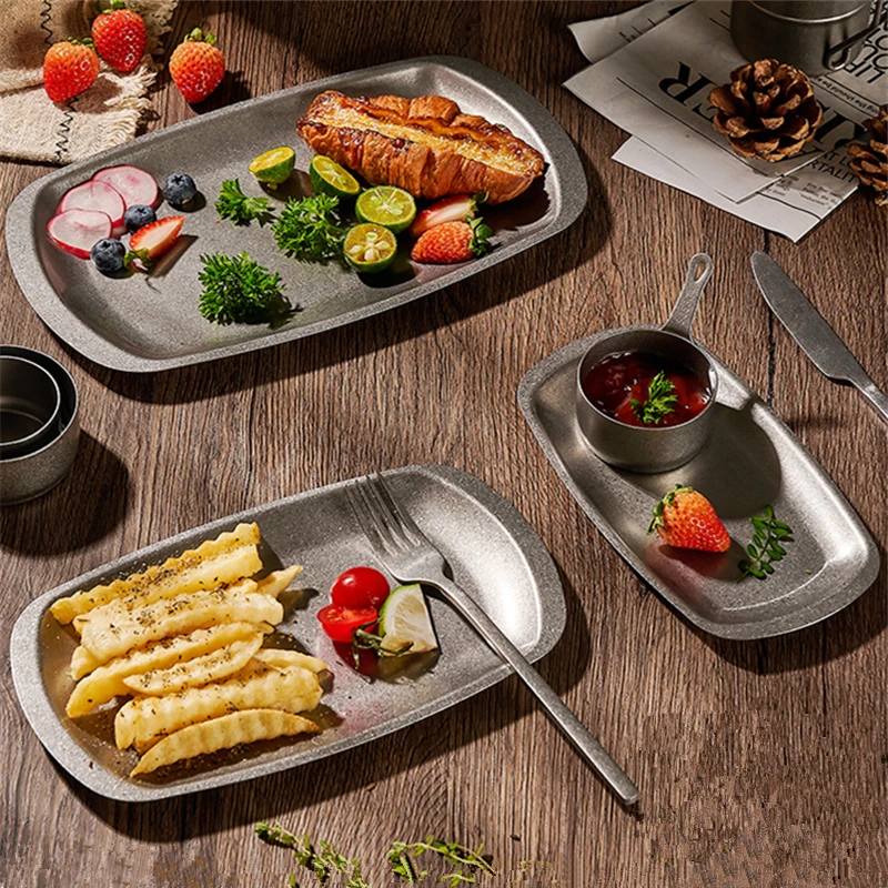 Snow Peak Stainless Steel Storage Plates with Ear Anti-scalding Snack Steak et Plates Deep Wide Side Dish Sevring for Table
