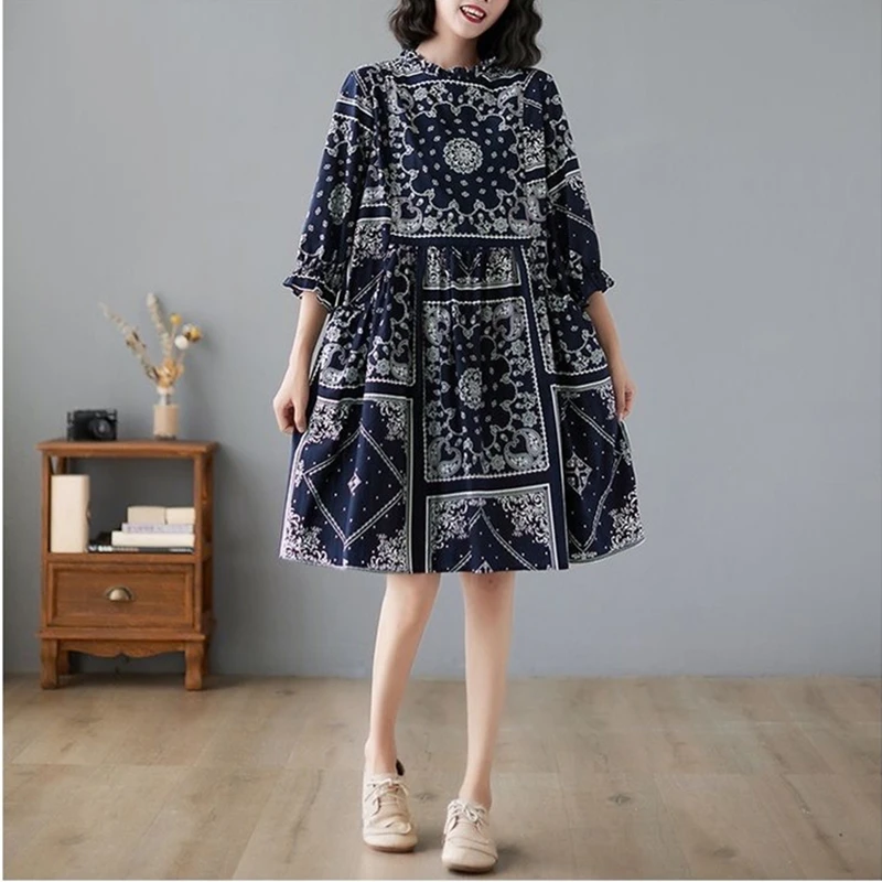 

Personalized Fashion Women's Wear Artistic Retro Printing Half-Length Sleeve Dress Slimming Midi Dress Comfortable Summer Dress
