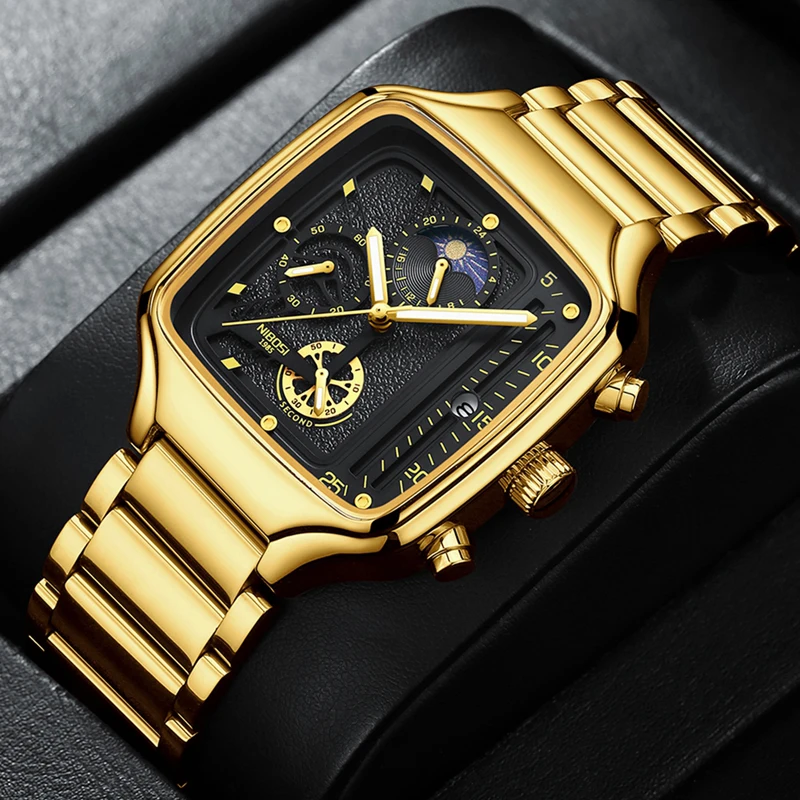 NIBOSI Brand Fashion Square Quartz Watch for Men Stainless Steel Waterproof Luxury Chronograph Watches Mens Relogio Masculino