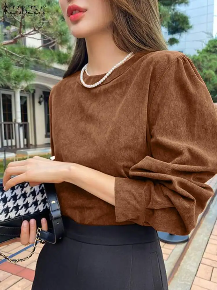 

ZANZEA Women Corduroy Blouse 2023 Autumn Puff Long Sleeve Shirt Vintage Round Neck Tops Casual Solid Color Warm Party Blusas