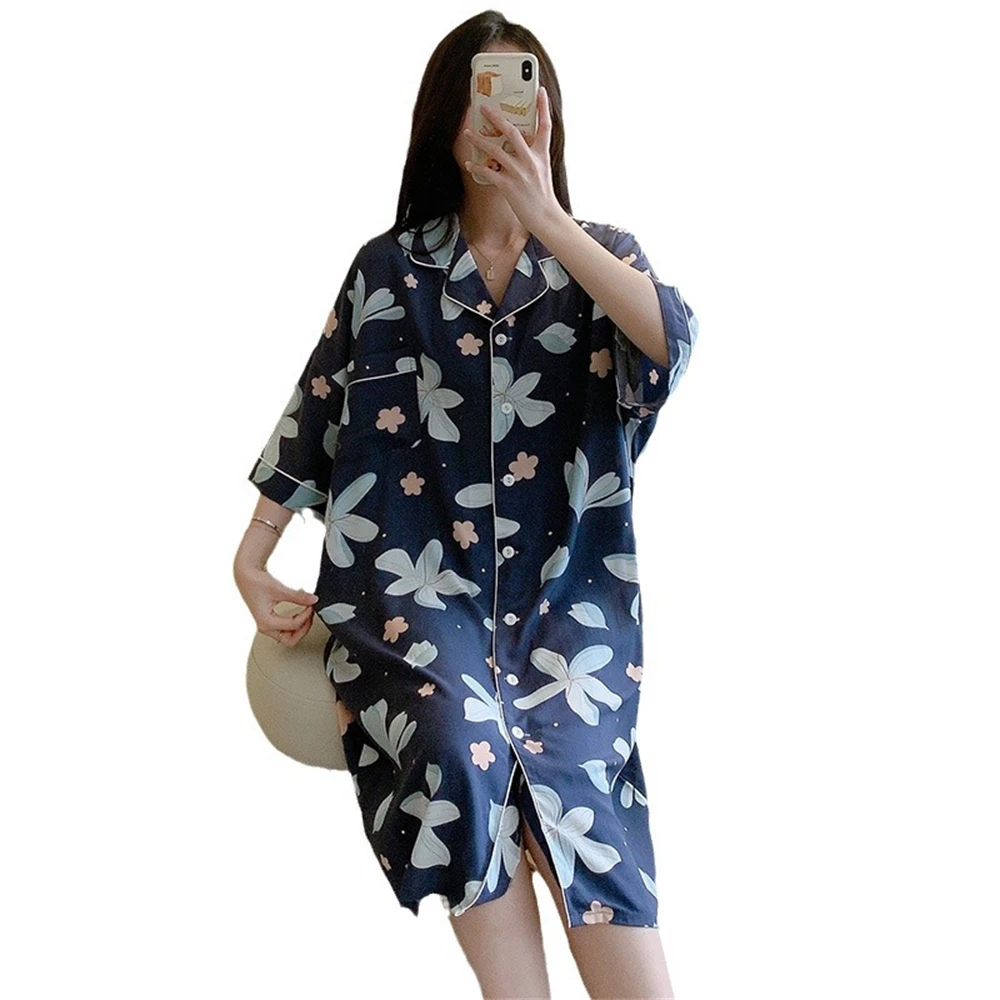 

Women Summer Thin Large Size Shirt Dress Loose Print Nightgowns Casual Breathable Nightdress Sleepwear Viscose Homewear Pajamas