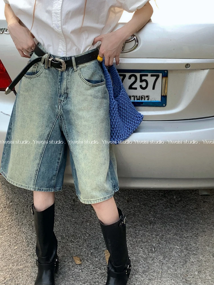 

Y2k Retro Shorts Women High Waisted Wash Cropped Baggy Jeans Wide Leg Frayed Denim Short Pants