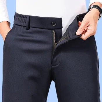 Pantaloni casual autunnali e invernali per pantaloni elastici antirughe dritti a vita alta da uomo Pantaloni a maglia spessa 1
