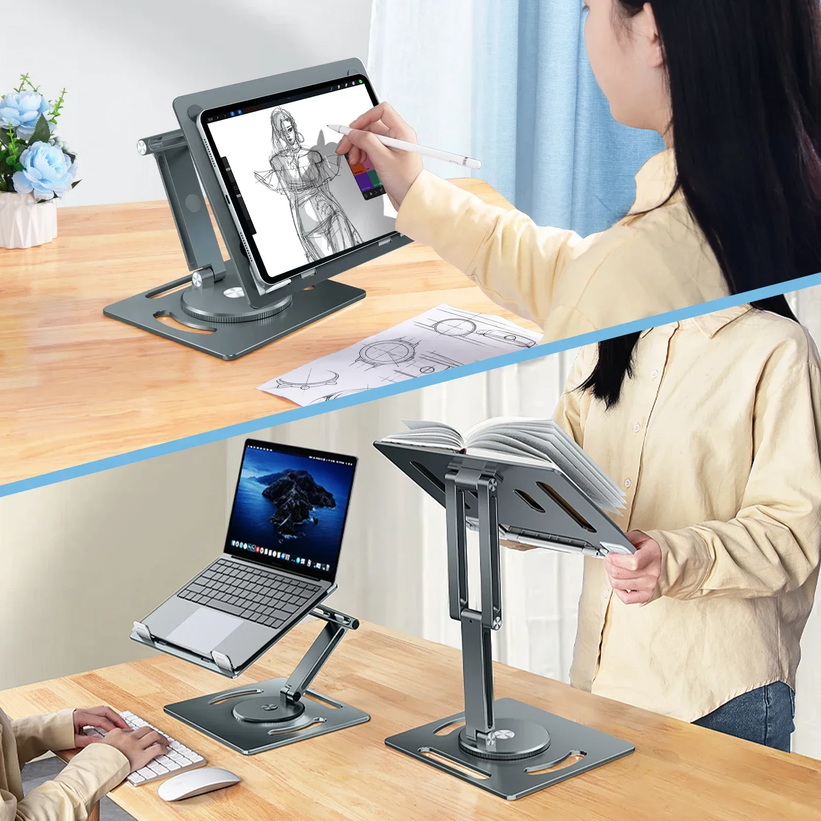 Eary Aluminium Laptop Tablet Stand With 360° Rotatable Height Angle Adjustment Metal Base Foldable Multifunctional Book Bracket