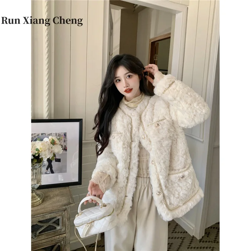 

RUN XIANG CHENG 2023Winter Fragrant Wind Fur Thickened Coat for Female Celebrity Imitation Fur Cotton Jacket Free Shipping