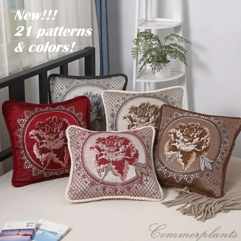 

Luxury Embroidery Vintage European Floral Pillowcase Pompoms Edging Smooth Dense Polyester Cushion Cover Sofa Bed Couch Decor