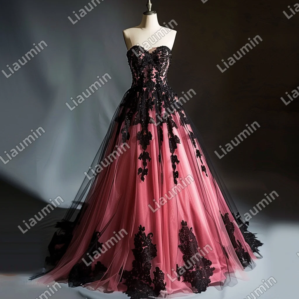 

Classic Pink Tulle With Black Lace Applique Strapless Long Evening Prom BIRTHDAY Dress Wedding Formal Party Custom Made J3-1.1
