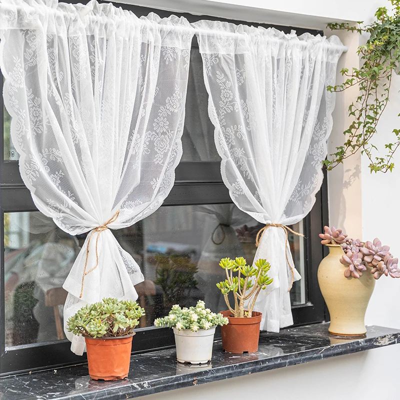 Tenda in pizzo bianco con ricamo floreale, voile, occhielli, motivo floreale 3D, stile rustico, cucina, soggiorno, camera da letto, balcone, 2 pezzi, 180 x 140 cm