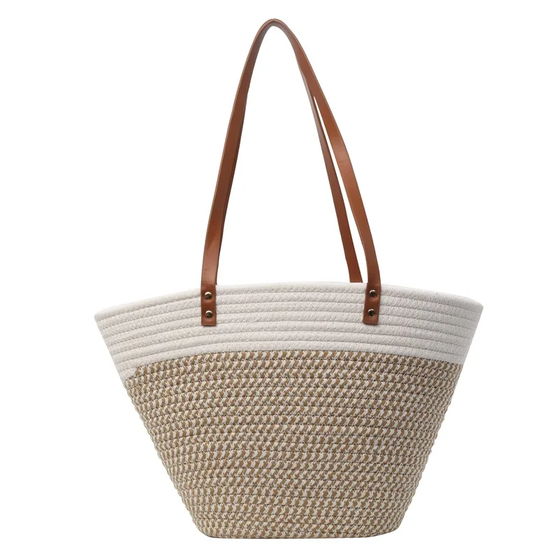 

European American Instagram style large capacity splicing cotton rope woven bag retro grass woven bag versatile beach handbag