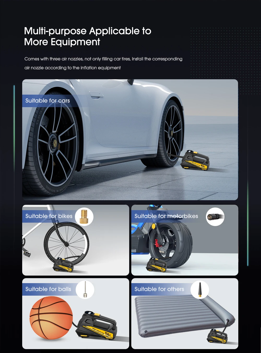 CARSUN kabelgebundene tragbare Auto-Luftpumpe, verbesserte 12 V 150 PSI elektrische Reifenfüllpumpe, Motorrad, Fahrrad, Ball, Auto-Luftkompressor – Detail 7