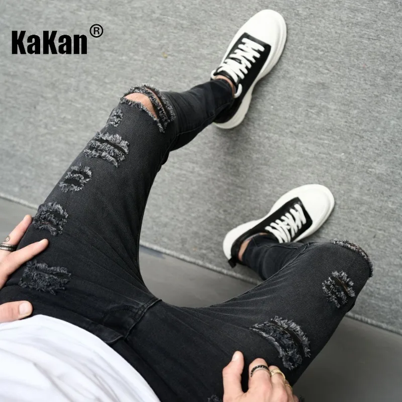 Kakan - European and American New Worn Knee Stretch Jeans for Men, Tight Black Casual Feet Slim Fit Pants K49-2008