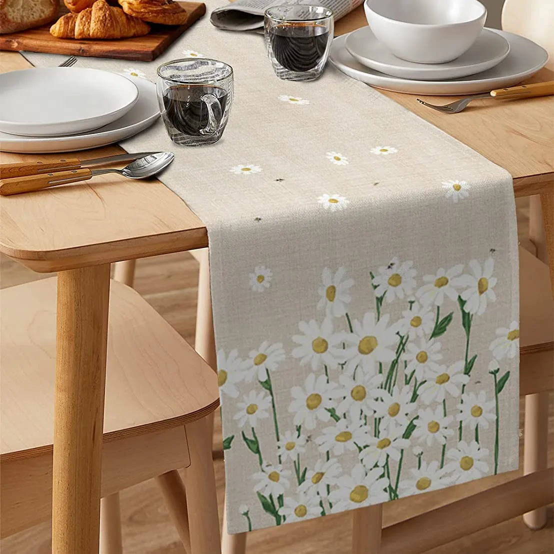 

Fresh Style White Daisy Table Runner, Rustic Cotton Linen Wedding Party Dining Table Runner Placemat Home Kitchen Table Decor