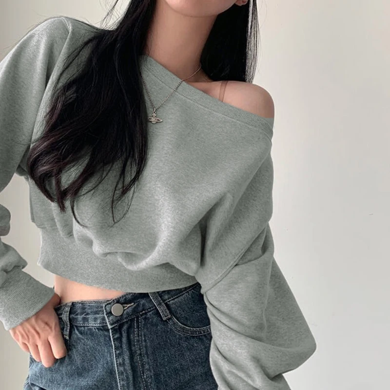 Elegant Solid Korean Streetwear Off-shoulder Long Sleeve Loose Tops Casual Cropped Sweatshirt For Women 4