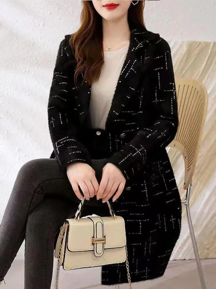 

2023 Winter Long Thick Warm Black Print Double-sided Velvet Coat Women Suit Lapel Loose Fashion White Double Breasted Versatile