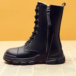 Winter low-tube warm Martin boots mid-heel 4cm black and white pu short plush women's boots side zipper fashion snow boots