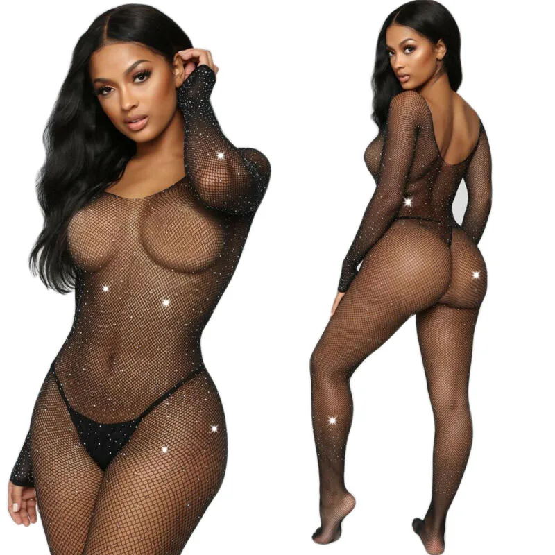 Bling Rhinestones Fishnet Transparent Rompers Sexy Off-shoulder Long Sleeve Bodycon Jumpsuit Night Club Outfits For Women 2022