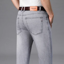 Brand Men's Fashion Summer Thin Jeans Comfortable Stretch Cotton Business Straight Casual Denim Pants Light Gray Blue Pants