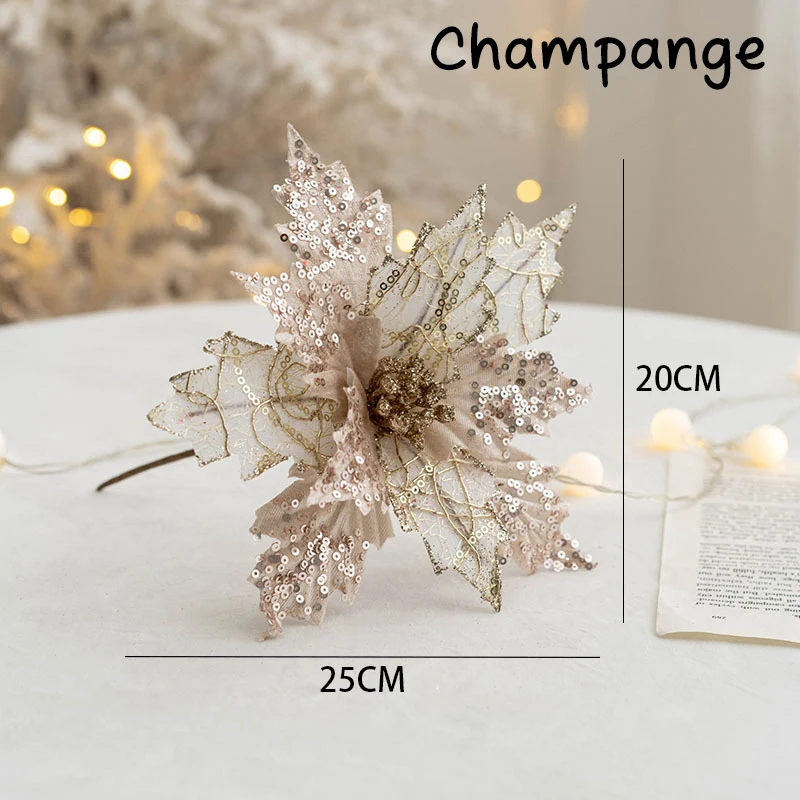 thumbnail image 1 of pieza de flores artificiales de Navidad con purpurina, adornos para árboles de Navidad, flores falsas para el hogar, adornos navideños, decoraciones de Año Nuevo, 1 of 5