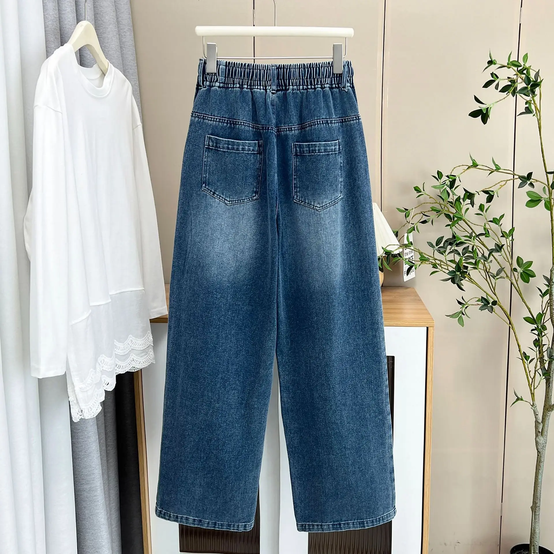 XXXXL Fashion Plus Size Women's Straight Jeans 2025 Autumn Casual Two Color Drawstring Waist Wide Leg Full Length Pants 774