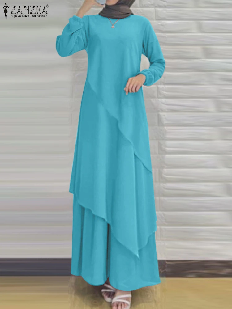 ZANZEA Fashion Irregular Hem Muslim Dress Women Long Sleeve Solid Sundress Eid Mubarek Casual Vestidos Female Casual Maxi Robe