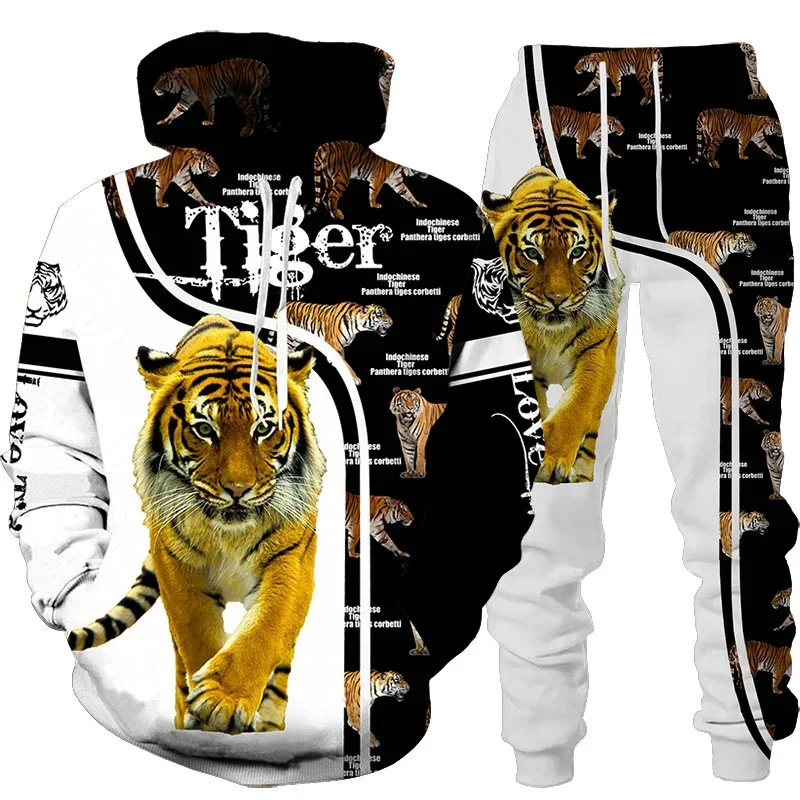 NewAnimal3DTigerPrintedHoodiePantsSuitCoolMenWomen2Pcs