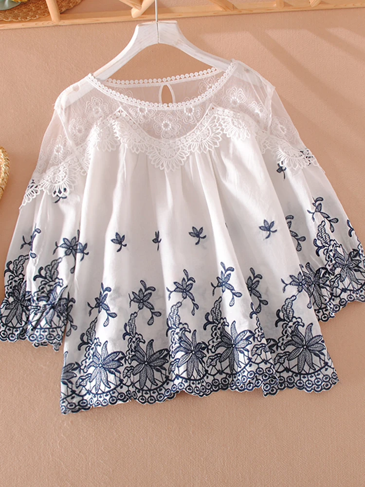 

Новинка 2024, весенне-осенняя вышитая кружевная декоративная хлопковая Свободная рубашка SuperAen с круглым вырезом