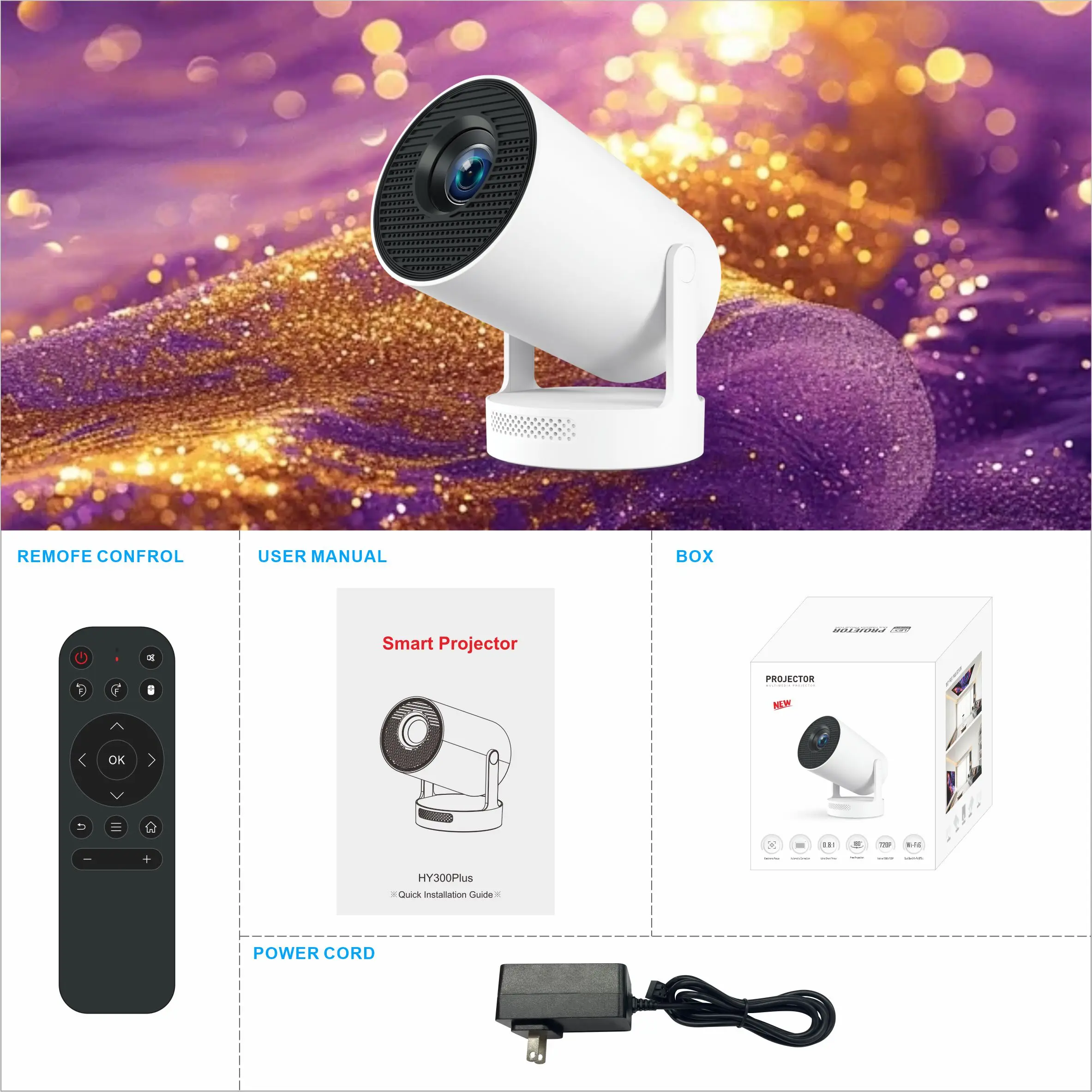Projector HY300 Plus 4K 1280x720P Android11 300ANSI Allwinner H713 Wifi6 Blurtoo