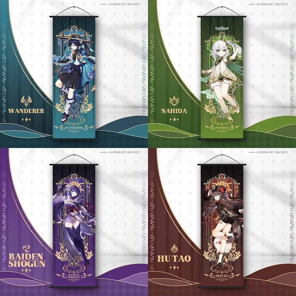 Genshin Impact Tarot Cosplay Anime Scroll Canvas Neuvillette Furina Wanderer Raiden Shogun Xiao Kazuha Poster Kawaii Art Gifts wall hanging poster