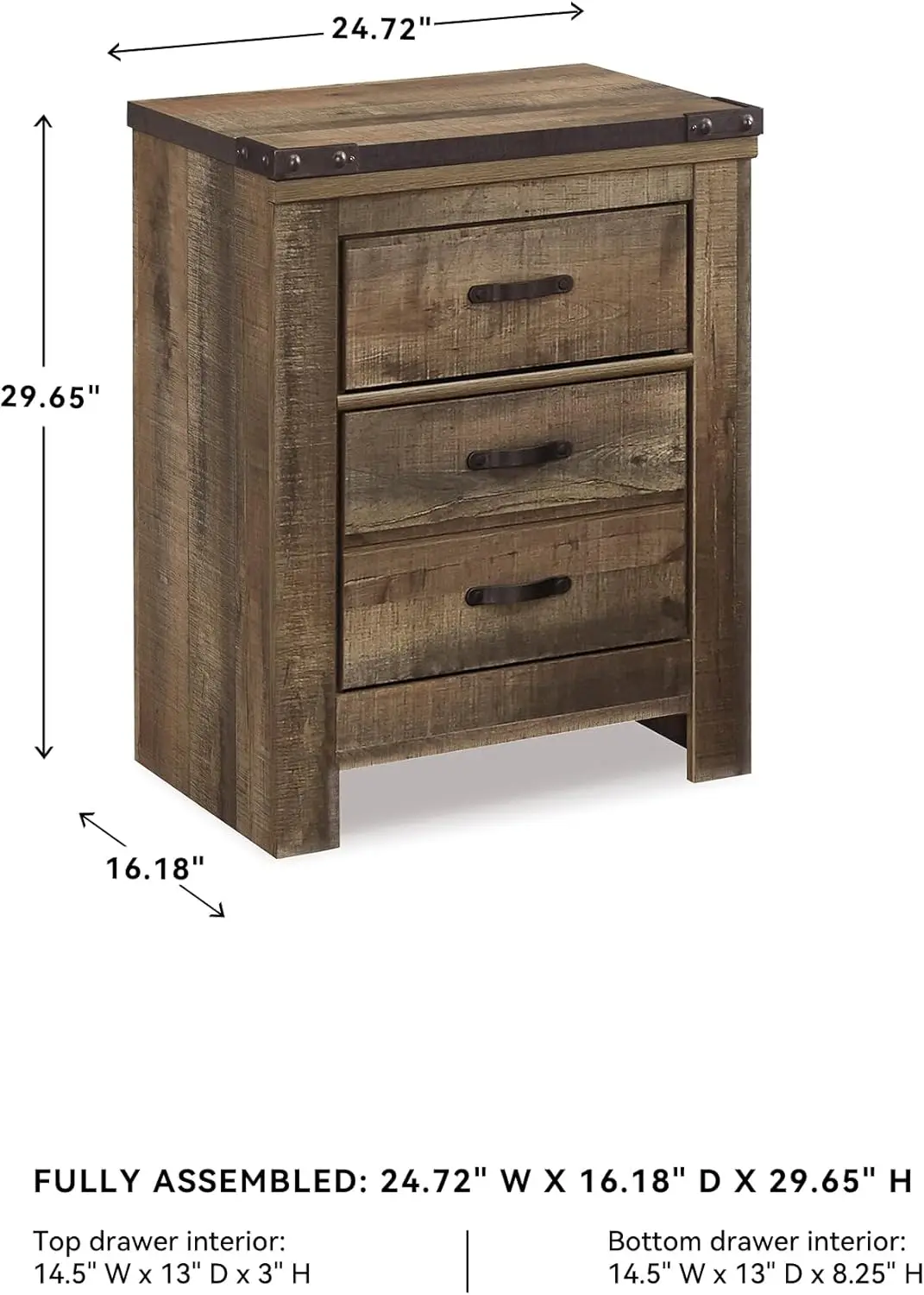 Rustic 2 Drawer Nightstand with USB Charging Stations, 29.65" Tall, Warm Brown