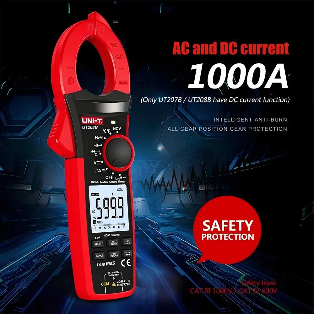 UNI-T 1000A 전류계 UT205E UT206B UT207B UT208B 디지털 클램프 미터 1000V 전압계 NCV 전문 커패시터 측정기