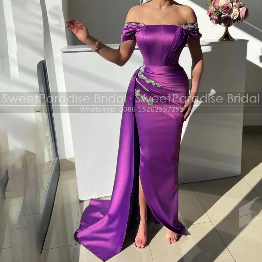

Stunning Off Shoulder Sheath Evening Dress Beaded Side Split Long Purple Satin Mermaid Prom Dresses Party For Women