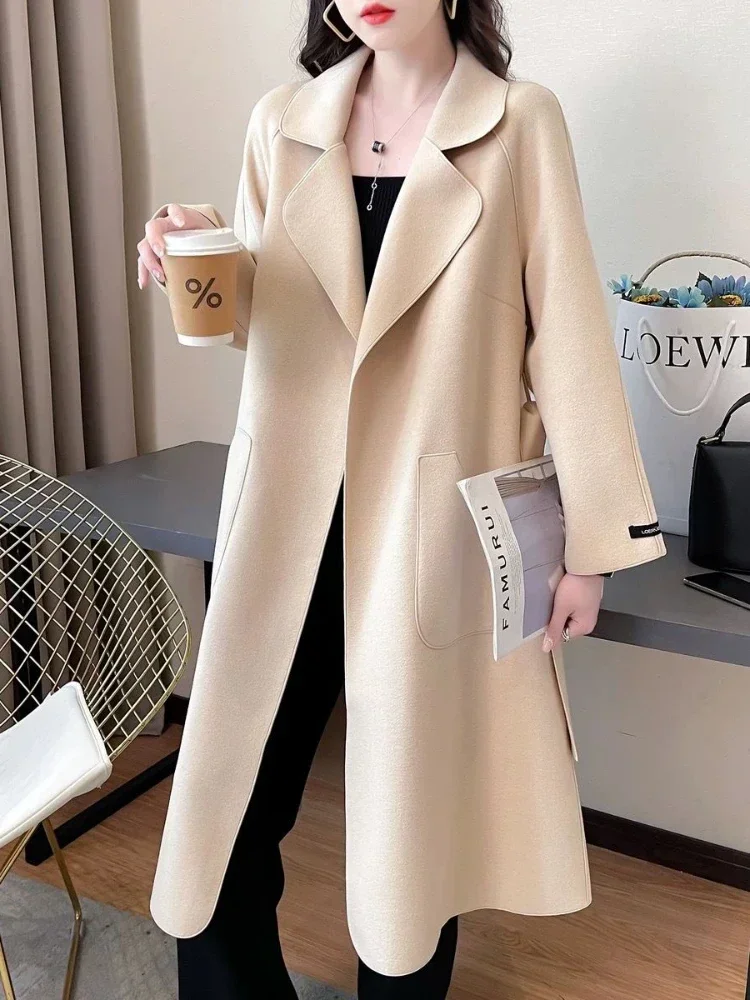 Tweed Jacket Wool Coat Elegance Trench Coat for Women Belt Loose Long Jackets New Womens Winter Clothing 2023 Korean Fashion