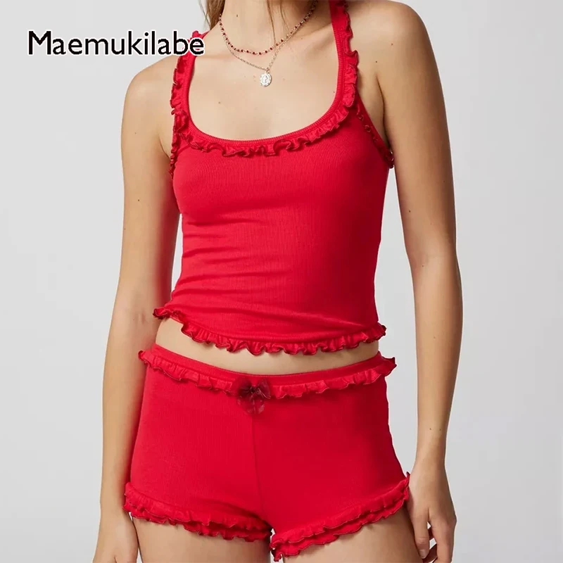 

Maemukilabe, милые шорты с оборками для девушек + топ на бретельках, Женский комплект из 2 предметов, пижама, милые костюмы с бантом, летняя подходящая одежда для отдыха