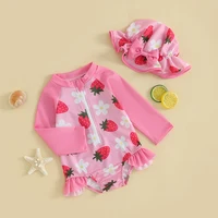 0-3Years Baby Girls Swimsuit Strawberry Flower Cartoon Bikini with Hat Newborn Swimwear for Summer Bathing Suit 4