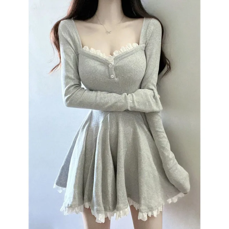 

Grey Sexy Long Sleeve Casual Dress Female New Autumn And Winter Slim Waist Splice V-Neck Solid Lace A-Line Short Dresses Vestido