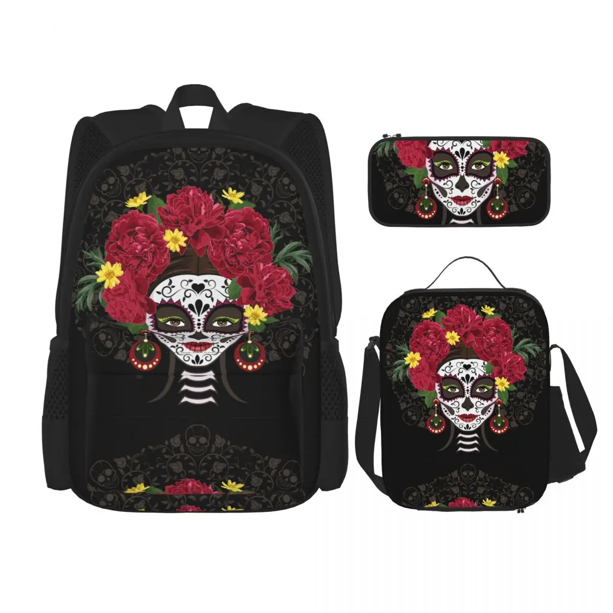 

3 Pcs/Set School Backpack for Girls Children Schoolbags Kids School Pencil Case Lunchbox Santa Muerte In A Wreath