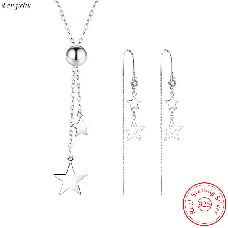 925 Sterling Silver Star Pendant Necklace Crystal Long Chain Drop Earrings Jewelry Sets Jewelry Set Silver Jewelry Silver Jewelry Set Crystal Jewelry Set For Women Trendy FQL23064