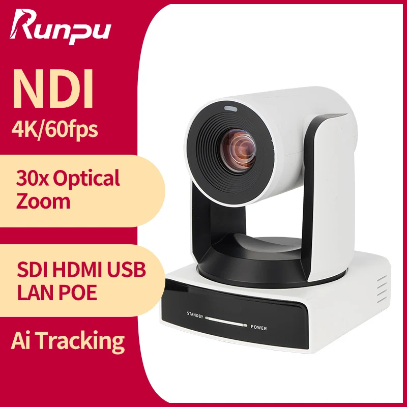 Runpu RP-VX630A 4K NDI Camera 60FPS 30X Optical Zoom AI Auto Tracking PTZ Conference Camera with PoE HDMI SDI USB for Live Streaming OBS
