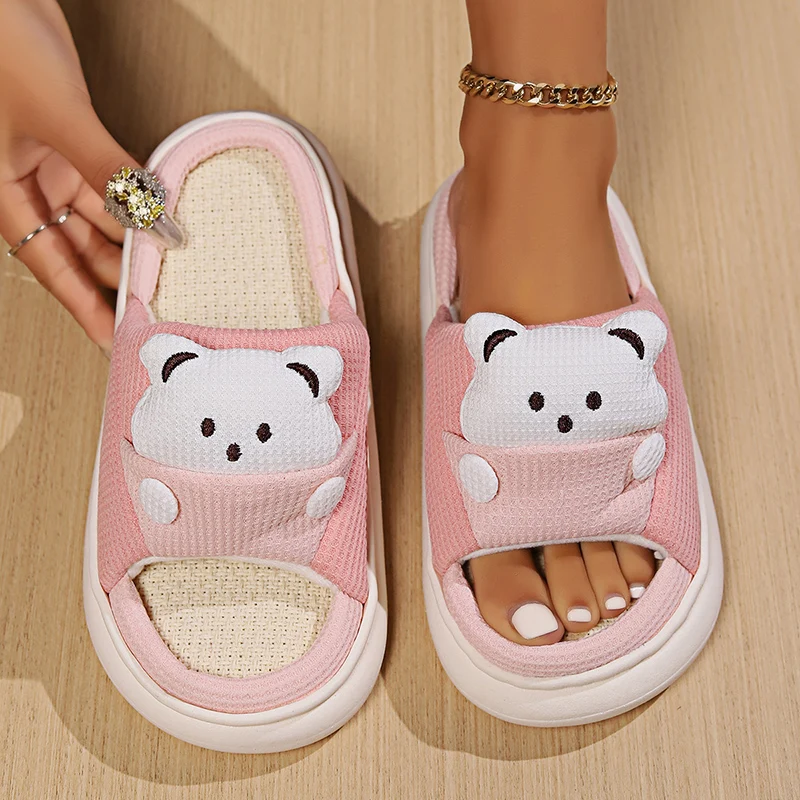 Cute Cartoon Bear Home Slippers Women 2024 Winter Comfort Soft Sole Linen Slippers Woman Non Slip Flat Heels House Shoes Slides 5