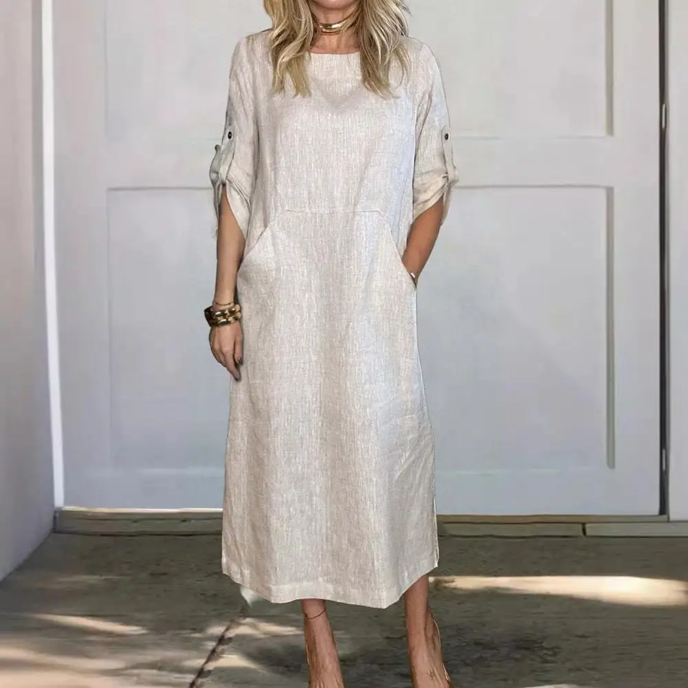 

Women Casual Summer Dress Simple Style Dress Women's Solid Color Midi Dress with Cufflink Detail Big Pocket Casual for Daily