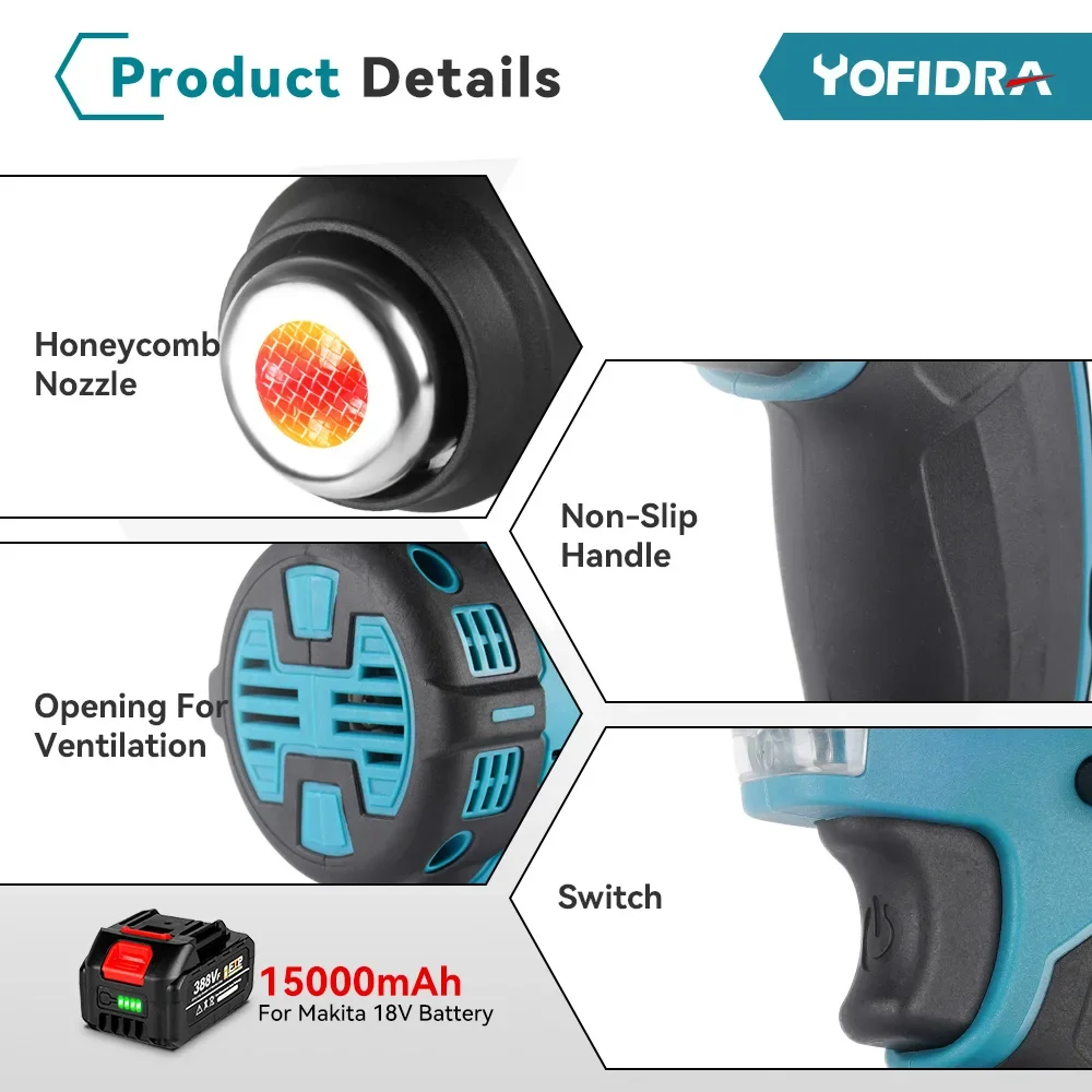 18V 2000W Cordless Electric Heat Gun Handheld Rechargeable Home Air Dryer With 3 Nozzles Industrial For Makita 18V Battery 4