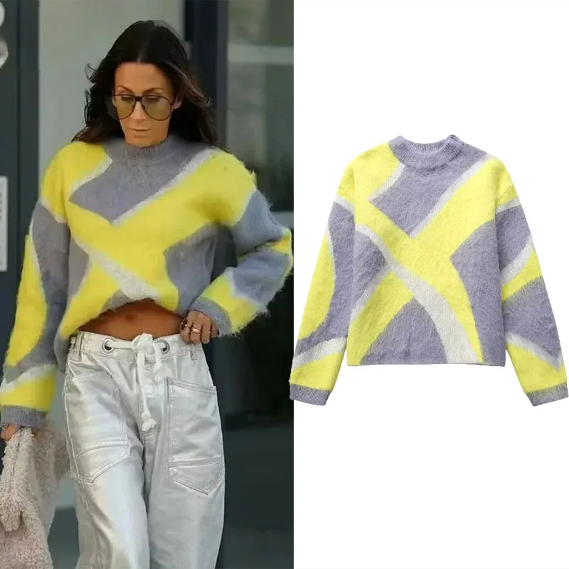 

TRAF Womens Patchwork Knit Sweater 2023 Autumn Winter Casual Warm Knitted Pullover Woman Vintage Long Sleeve Brushed Sweater Top